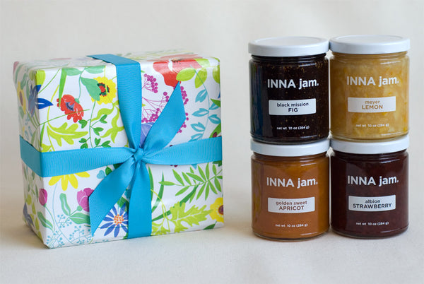 GIFT: 4 jars, wrapped in "FLOWERS" gift wrap