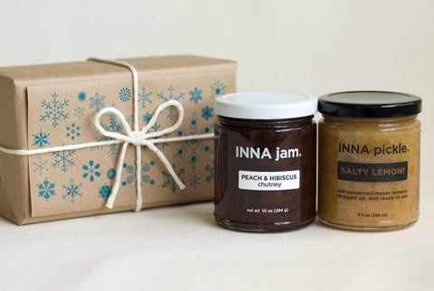 GIFT: 1 jar of jam + 1 jar of pickle, wrapped in KRAFT paper with an ART card