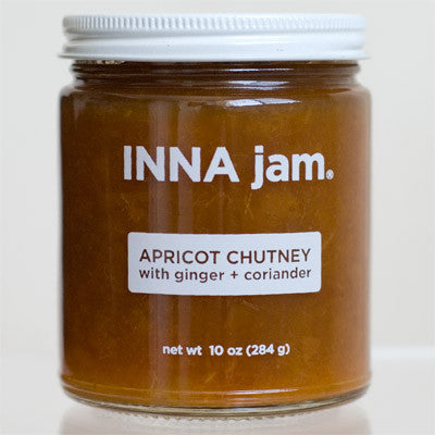 This is a jar of our sweet, savory, spicy and tart apricot chutney, made with: organically grown apricots from the Capay Valley in California as well as organically grown ginger and coriander.