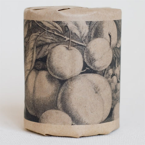 "Fruit: August" gift wrap features art depicting summer fruit, including peaches and plums, originally a an engraving (black print on kraft paper)