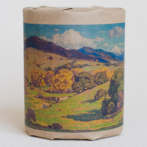 "California Landscape" gift wrap features art depicting rolling hills, trees, and clouds in the sky, originally an oil painting (full color printed on kraft paper)