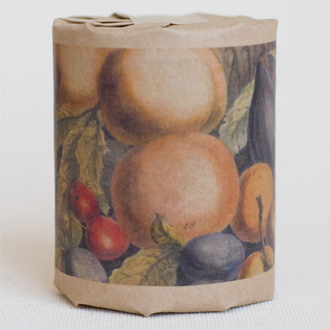 "Fruit: July" gift wrap features art depicting summer fruit including peaches, plums and figs, originally a hand-colored engraving (printed on kraft paper)