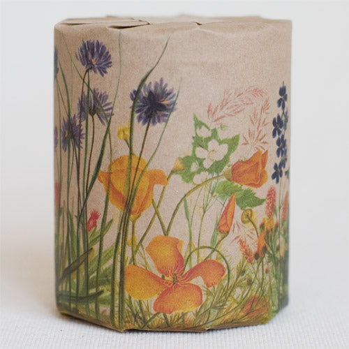 "Wild Flowers" gift wrap features art depicting wild flowers of the pacific coast, originally watercolor illustrations (full color printed on kraft paper)